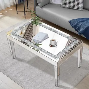 Silver Mirrored Coffee Table with Crystal Inlay, Rectangle Glass Tea Table with Mirrored Finish, Modern Center Table for Living Room and Office (24" D x 36" W x 18" H)