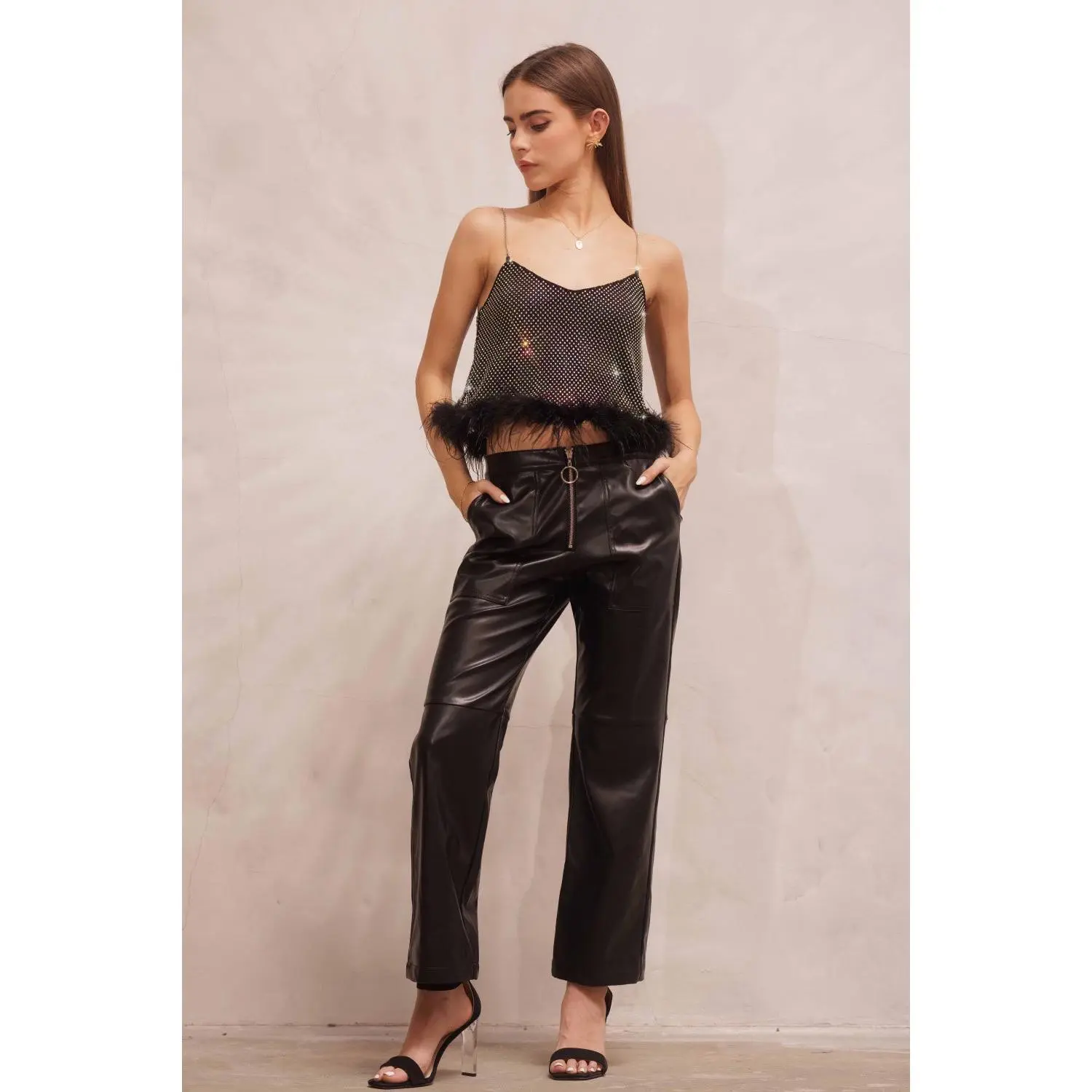 Chain Shoulder Rhinestone Feather Cami Top