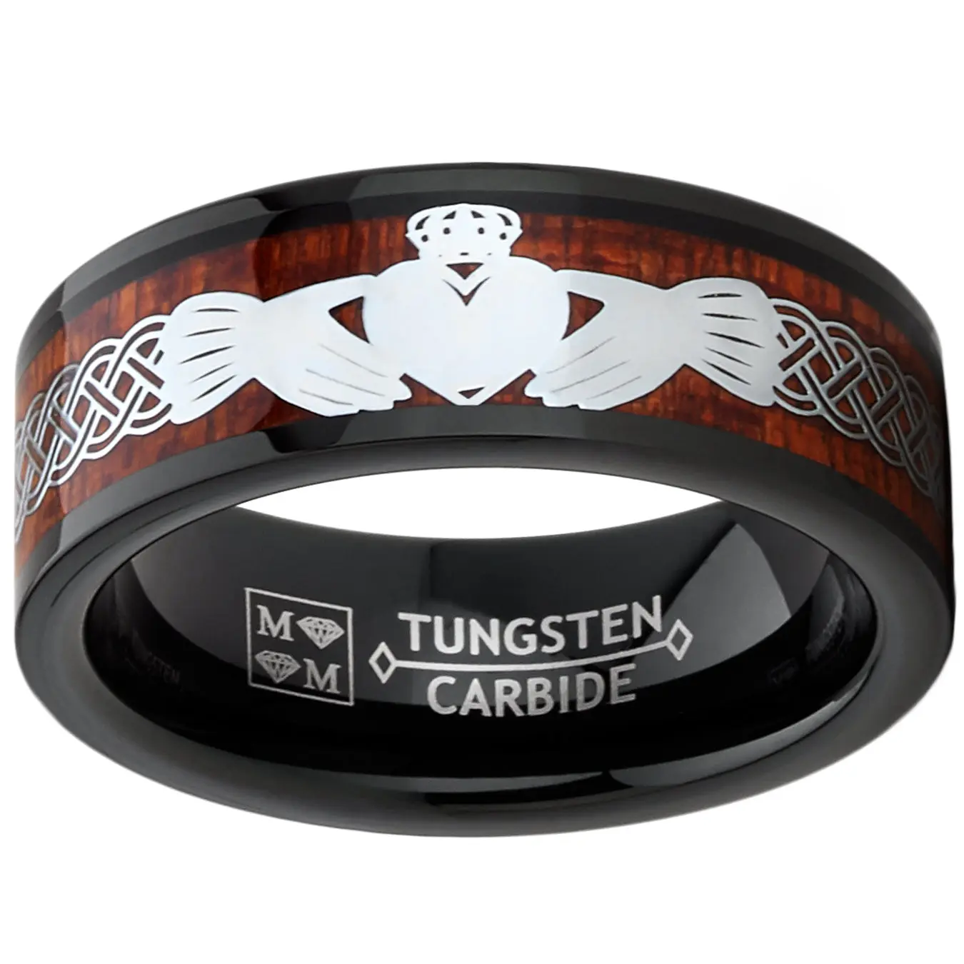 Men's Tungsten Irish Celtic Claddagh Wedding Band Wood Inlay 8MM Black Men's Tungsten Irish Celtic Claddagh Wedding Band Wood Inlay 8MM Black