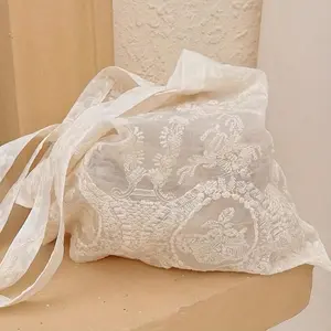 White Vintage Lace Tote Bag, French Retro Lace Embroidered Fabric Bag, Spring And Summer Organza Large Capacity Shopping Bag, Shoulder Cloth Bag.