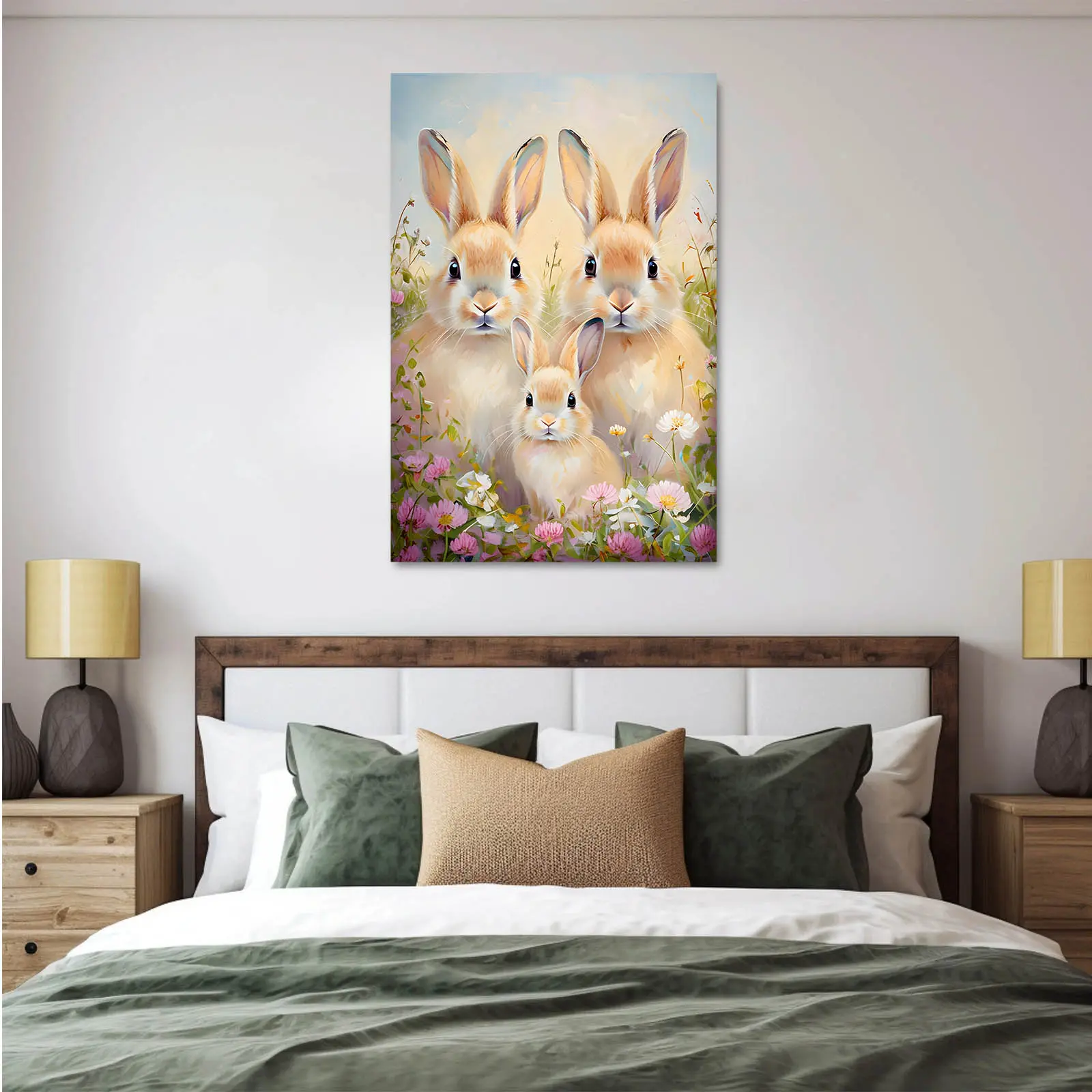 Easter Bunny Canvas Wall Art Print, Nature-Infused Artistic Vibrant Frameless Print, College-Style Room Decor, 3-Bunny Family in Grass Whimsical Home Decoration, High-Quality Home Supplies Poster