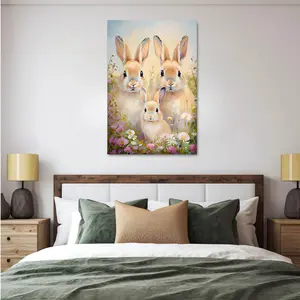 Easter Bunny Canvas Wall Art Print College Style Y2K Room Decor Poster Family of Three Bunnies in Grass Exquisite Whimsical Home Decor High-Quality Poster
