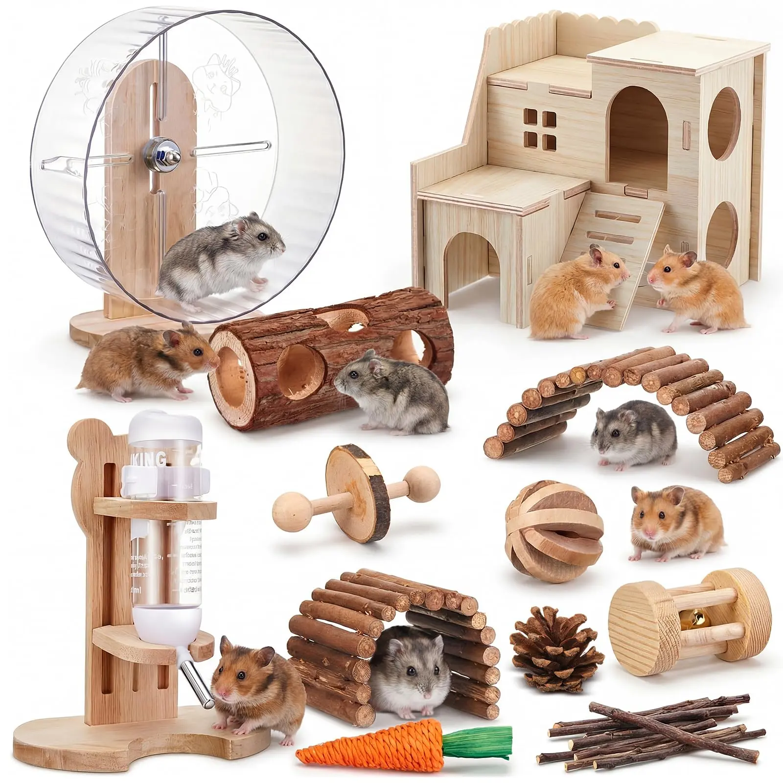 18 Pcs Hamster Cage Accessories, Silent Hamster Wheel 15 Toys Set | Maze Wood House and Water Bottle Set for Rat Mice Small Animals Habitat Decor Enrichment Starters