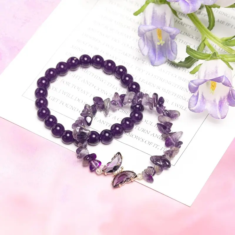 Purple Butterfly Bracelet for Women, Elegant Natural Stone Beads Charm Jewelry Design with an Adjustable Stretch Fit - Meaningful Gift Pick & Versatile Fashion Accessory, Adjustable Fit, Elegant Bracelet