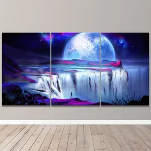 Waterfall Moonlight Nature Lover Beauty 3 Counts/set Canvas Wall Art Print Home Decor Gift Poster Room Decoration Christmas Ornaments Artistic Photo
