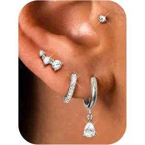 Fansilver Earrings for Women Surgical Steel - Hypoallergenic Huggie Hoop Earring Set Small Flat Back Stud Earings Stack Dangle Cartilage Piercing Jewelry Trendy (4 count)