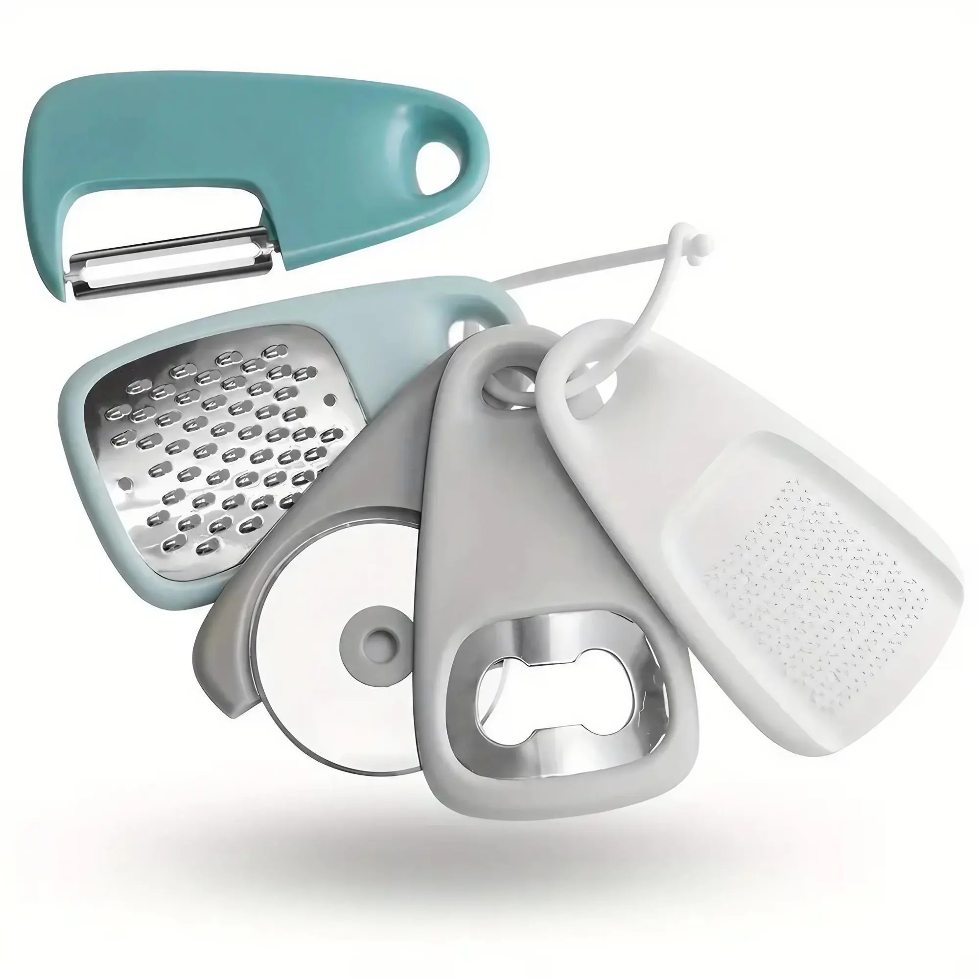 5-in-1 Portable Camping Kitchen Set: Stainless Steel Foldable Cheese Grater, Pizza Cutter, Peeler, Garlic Grinder & Bottle Opener. Compact Multi-Tool for Outdoor Cooking, Picnics, Travel & Home Use. Easy to Store & Clean.