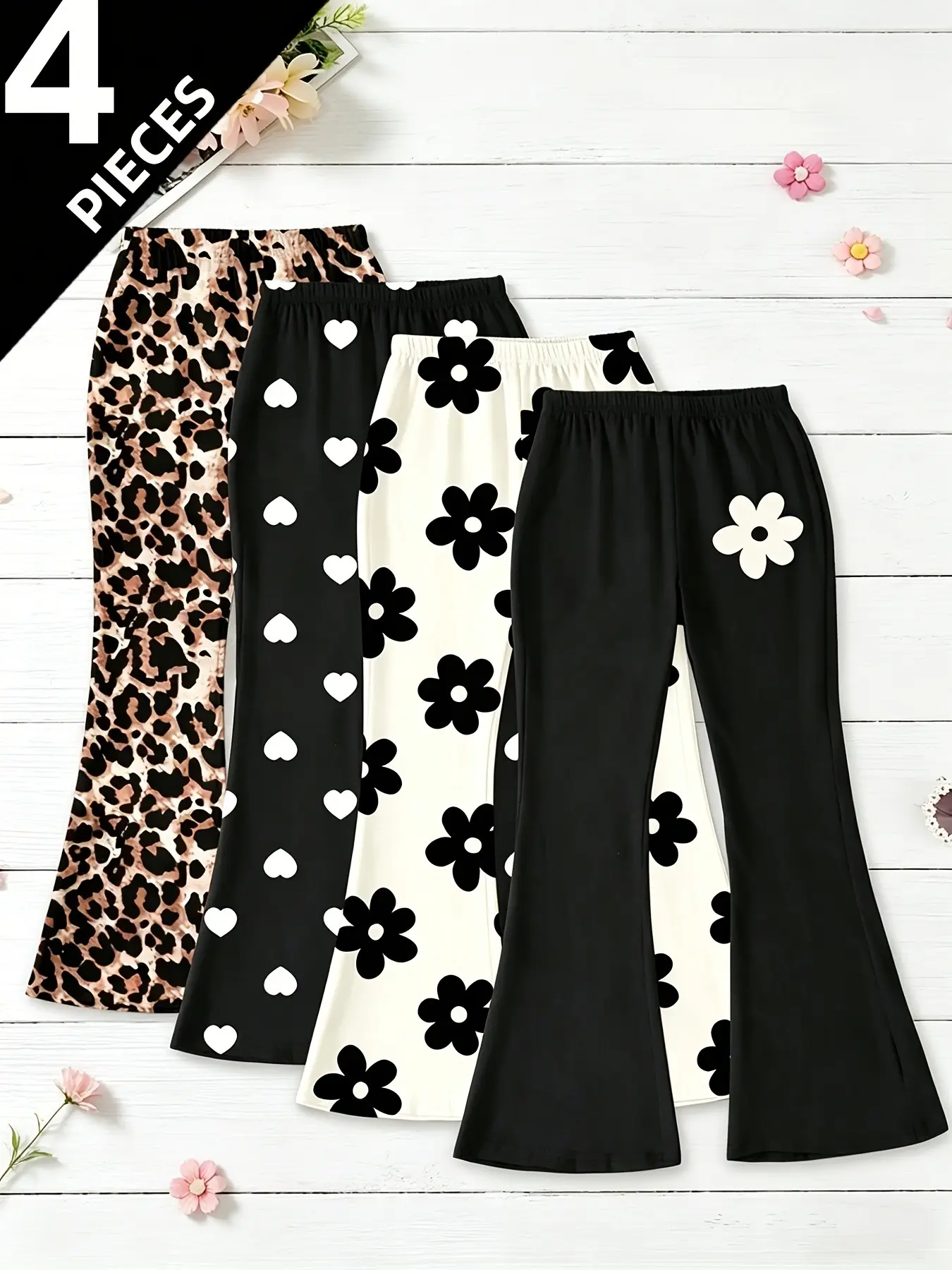 Girls' 4-Pack Printed Ruffle-Trim Pants, Leopard, Heart & Blossom Patterns, High-Waist Elastic Waist, Casual Long Pants