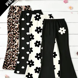 Girls' 4-Pack Printed Ruffle-Trim Pants, Leopard, Heart & Blossom Patterns, High-Waist Elastic Waist, Casual Long Pants