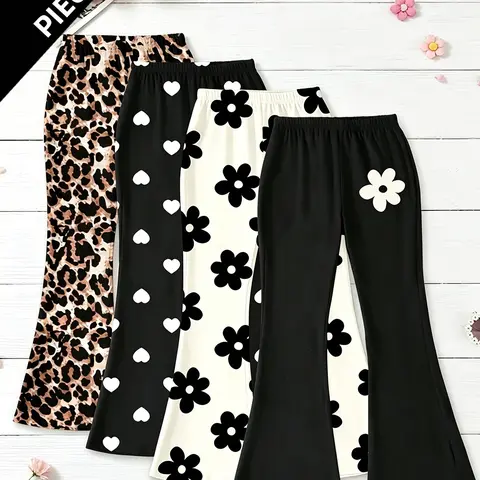 Girls' 4-Pack Printed Micro-Ruffle Pants, Leopard/heart/blossom Patterns, High-Waisted Elastic Waist, Casual Long Pants