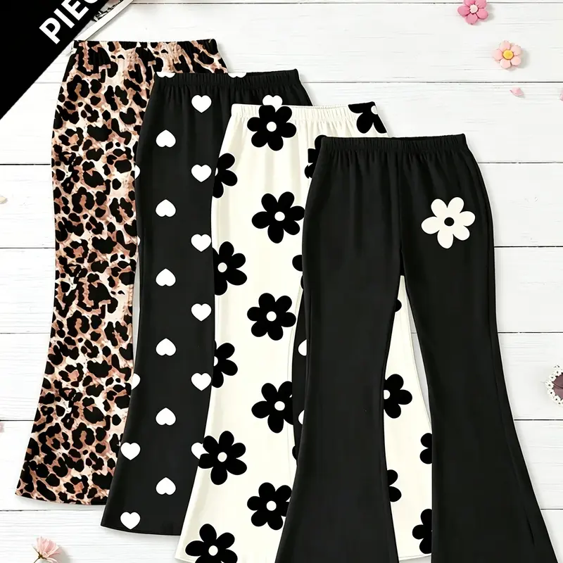 Girls' 4-Pack Printed Micro-Ruffle Pants, Leopard/heart/blossom Patterns, High-Waisted Elastic Waist, Casual Long Pants