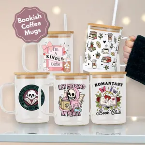 Bookish 17oz Glass Coffee Mug with Lid and Straw for Book Lovers