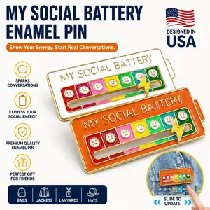 [Mother’s Day Deals] 2-Pack Interactive Social Battery Slider Pins - Classic Orange & White Enamel Mood Badge for Introverts Shy