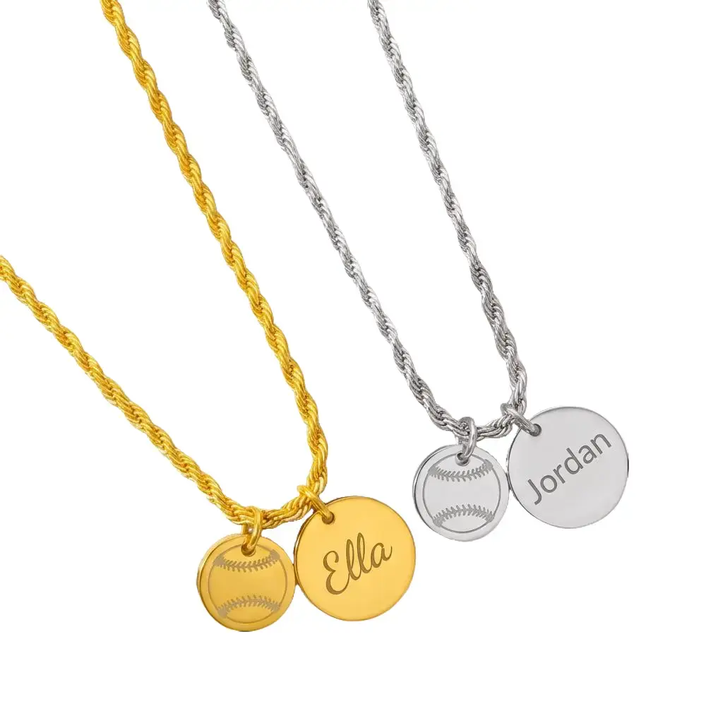 Premium Quality Personalized Gold Two Charm Softball Necklace 18K Gold PVD Stainless Steel Hypoallergenic Rope Chain 18 or 20 Inches Length