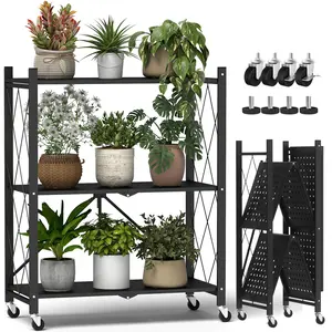 3 Tier Plant Stand with Wheels, Foldable Plant Shelf for Indoor Outdoor, Heavy Duty Metal Tall Plant Stands Holder Rack for Living Room Balcony and Garden, Black