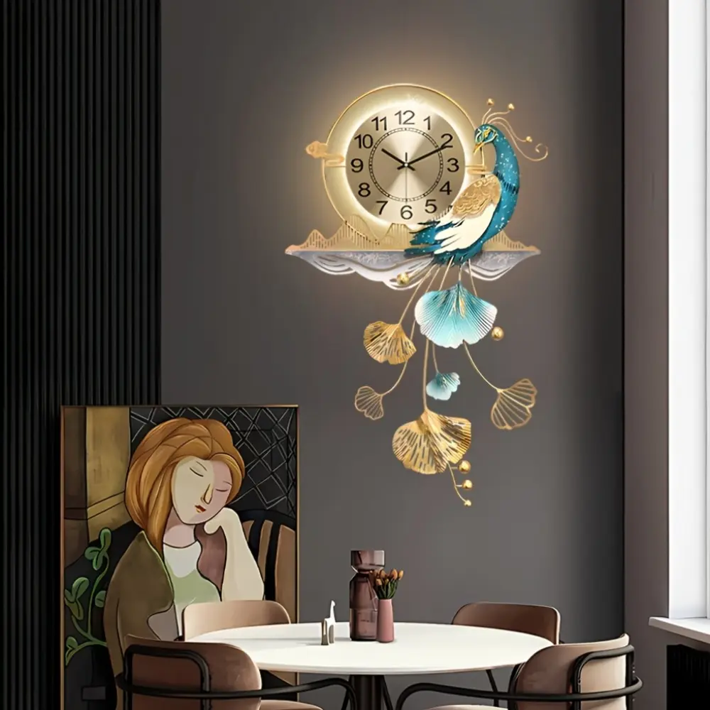3D Creative Peacock Ginkgo Leaf Metal Wall Clock - Analog Clock, Silent Non-Ticking, Cord-Free Battery-Powered, Durable Home Supplies, Easy-Install Modern Art Decor for Living Room, Gift,sohochic