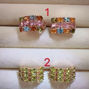 <PingEast jewelry >peridot earrings——925 Rose Gold-Plated Sterling Silver Huggie Earrings featuring three rows of 12 gemstones. Classic, versatile, and effortlessly stylish