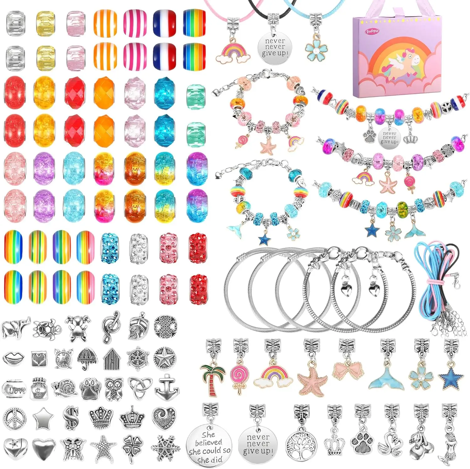Funtopia Charm Bracelet Making Kit for Girls, 114Pcs Jewelry Making Kit Bracelet Bead Making Supplies, Charm Beads for DIY Craft for Girls Necklace Make