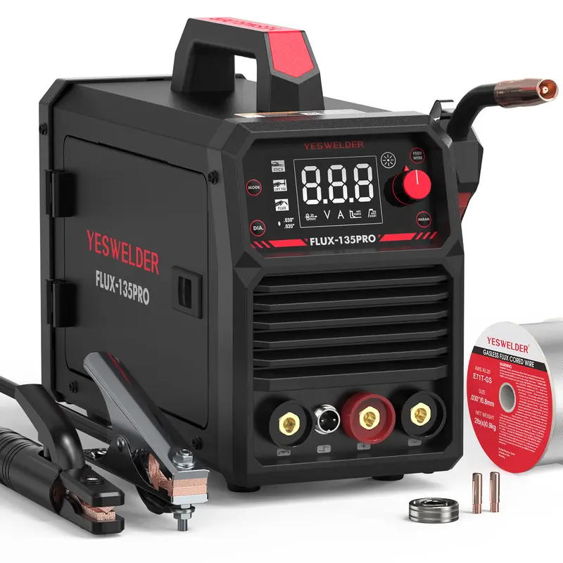 YESWELDER FLUX-135PRO 135Amp 110V Flux Core MIG Welder, Gasless MIG/Lift TIG/Stick 3-in-1 Welding Machine, Digital Display DC IGBT Synergic Control