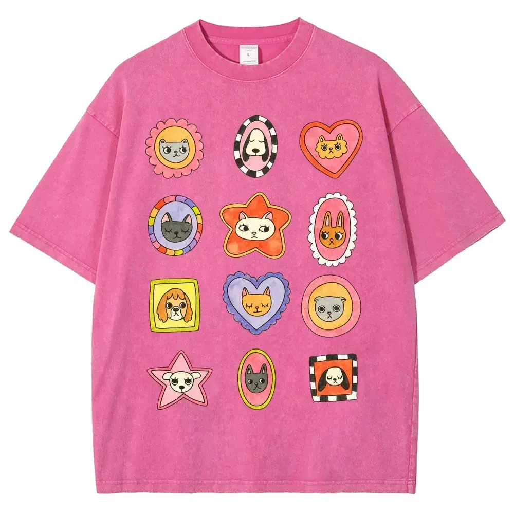12 Grid Multi Shape Frame Cat Dog Bunny Cute Pet Unisex Graphict Washed T-Shirt Personalized Pattern Y2k Clothing Round Neck Washed T-Shirt,Women's Clothing 100% Cotton, Menswear, Top, Vintage Style,Summer Casual Oversized