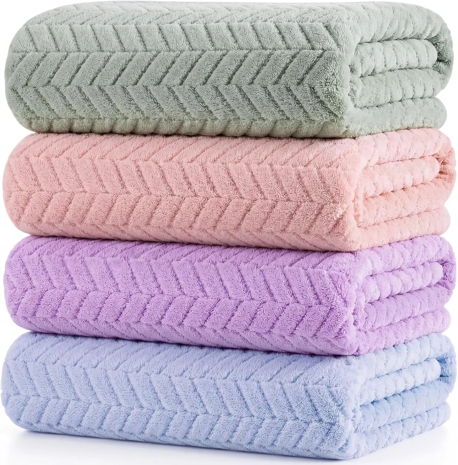 4-Pc Microfiber Turkish Luxury Plush Bath Towel Set, 35x70in Oversized Fleece Bath Sheets, Pastel Jacquard Chevron, Soft Coral Velvet, Absorbent for Pool, Shower
