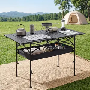 [New Upgraded] Stable Folding Camping Table, Adjustable Height Portable Side Tables, Beach Table with Mesh Layer, Lightweight Compact for Outdoor Picnic BBQ Cooking