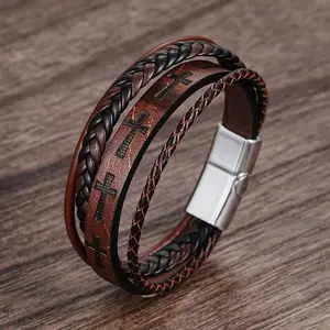 Fashion Cross Leather Rope Bracelet for Men Vintage Woven Leather Bracelet Punk Metal Magnet Buckle Personality Bracelet Jewelry
