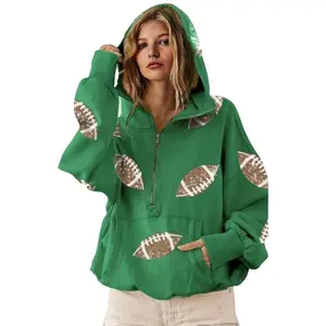 Women's New Football Sequin Hoodies - Fashion Style Lady's Long Sleeve Zipper Pullover Sweatshirts with Pocket, Game Day Top for Tailgate Outfits (Compatible with Raincoats)