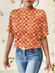 Women's Geometric Pattern Colorblock Print Round Neck Sweater, Casual Batwing Sleeve Knitwear for Fall Winter, Comfortable Warm Clothing