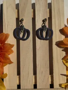 Handmade Pumpkin Cutout Polymer Clay Earrings - Unique Design with Leaf Accent and Blue, Deep Red, Burnt Orange and Yellow Color Scheme