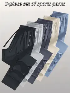 5-Pack Men’s Athletic Pants – Ice Silk Lightweight, Breathable Casual Sports Pants with Zipper Pockets, Elastic Waist, Straight Cut