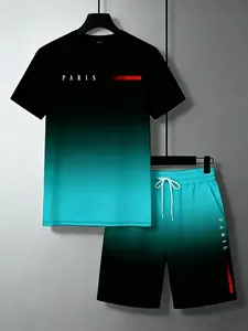 Men's Paris Letter Print T-Shirt & Shorts Set, Casual Crew Neck 2 Piece Outfit, Polyester Knit, All Season Wear, Summer Workout & Vacation Clothes