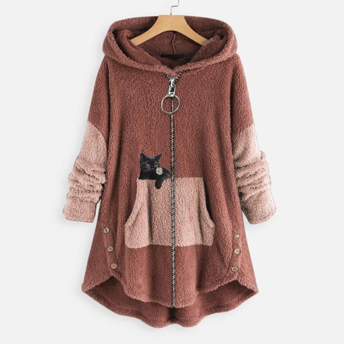 Women Patchwork Fleece Zip Up Hooded Jacket, Loose Long Sleeve Warm Mid Length Casual Outerwear