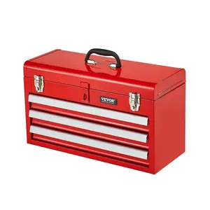 VEVOR Metal Tool Box, 20.5-inch, Portable Metal Tool Box with 3 Drawers, Small Tool Chest with EVA Liners, Ball Bearing Slide Drawers Locking & Powder Coated Finish, Multi-Function Tool Organizer, Red