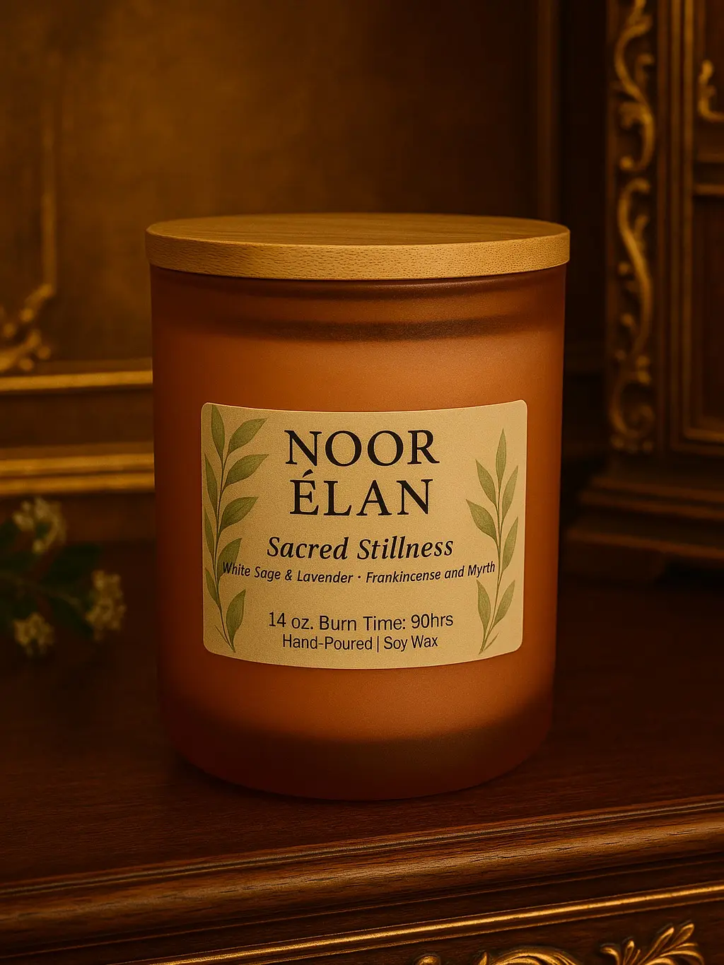 NOOR ÉLAN Sacred Stillness Candle - White Sage & Lavender Frankincense & Myrrh - 12 oz Hand-Poured Soy Wax - 90hrs Burn Time - Aroma Scented Decor Ornaments
