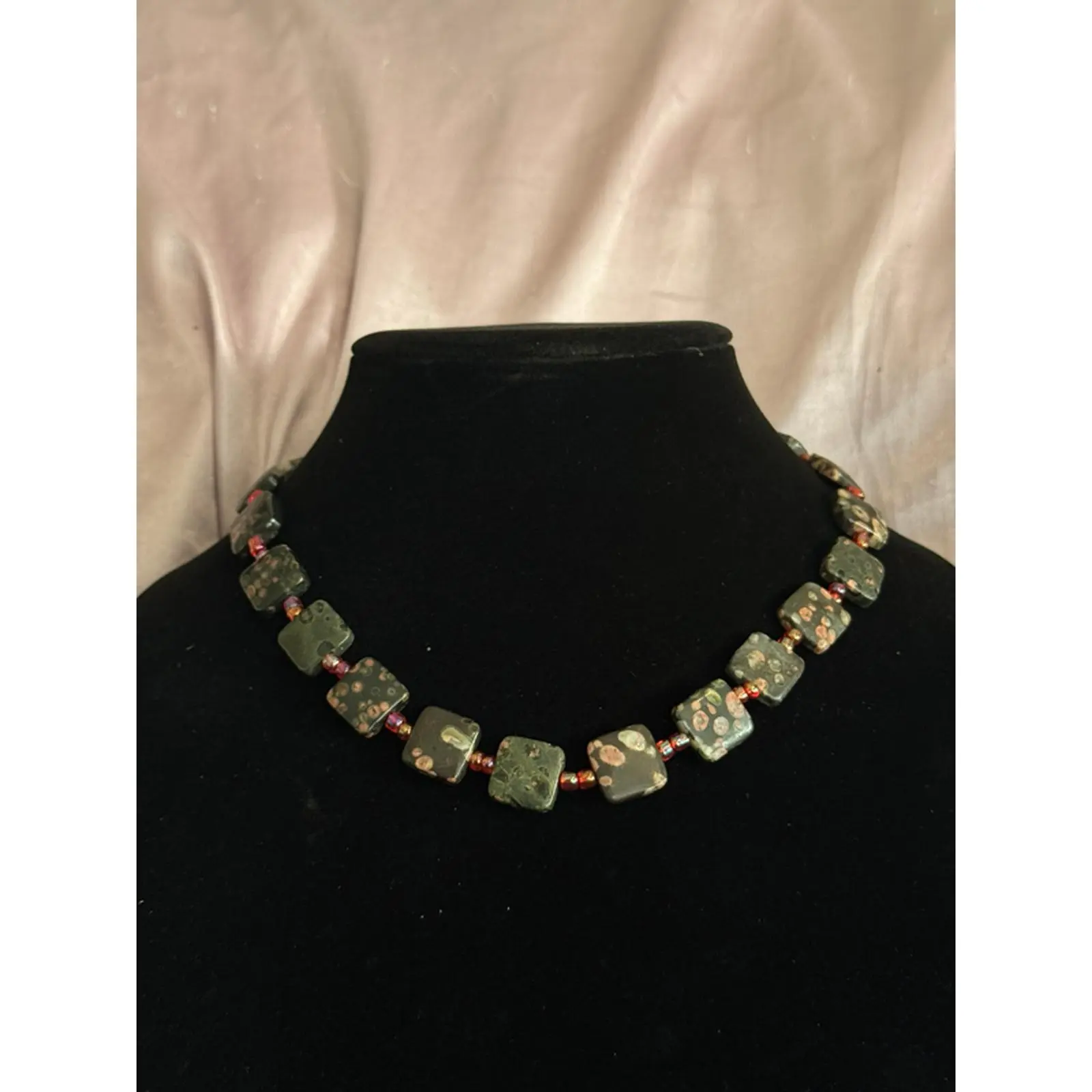 Handmade Black Leopard Jasper Necklace with Red and Green accents