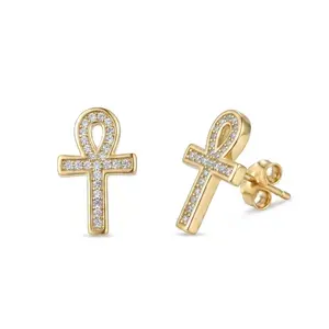 Ankh Cross Stud Earrings Gold Plated CZ Cross Stud Hypoallergenic Jewelry Gift for Men Women Positive Spirit Egyptian Elegant Jewelry Best Gift For Women