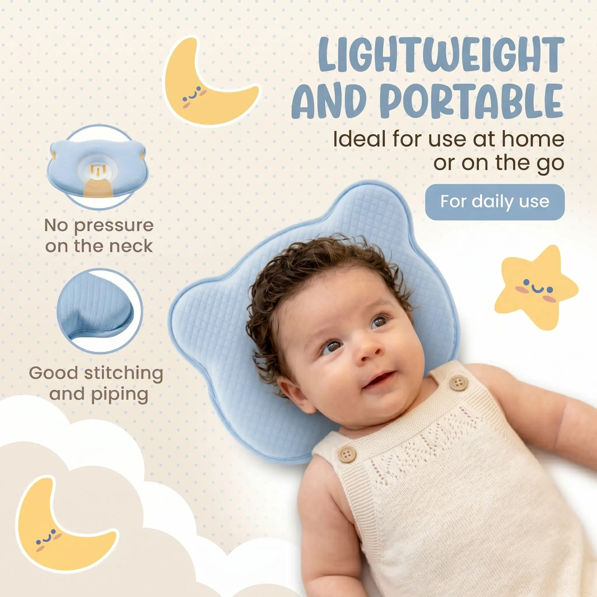 Cute Cartoon Bear Baby Pillow, Soft Breathable Infant Head Support, Memory Foam Pillow for Newborn Boys & Girls Aged 0-3 Years