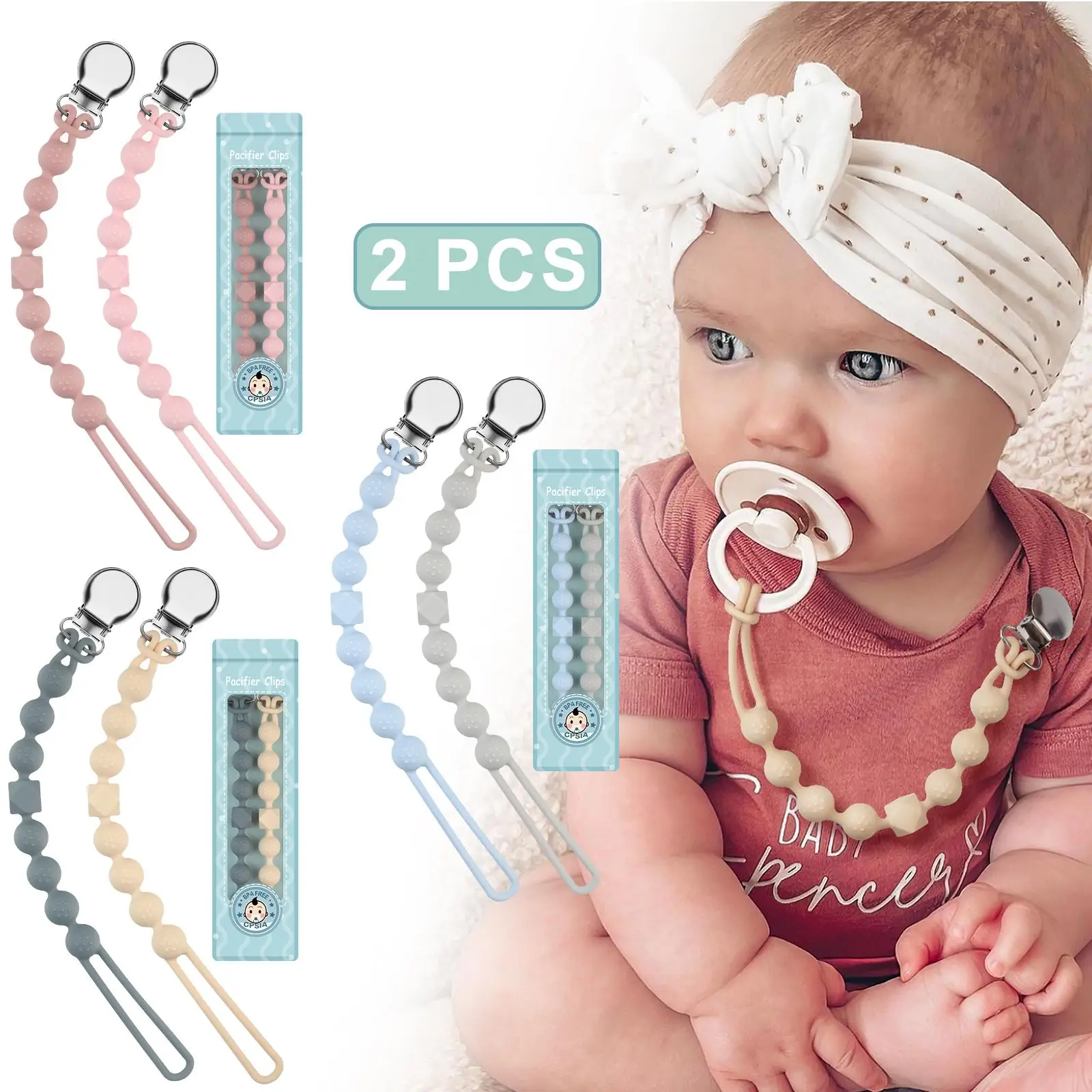Flexible Baby Pacifier Clip (2pcs), Silicone Pacifier Holder Straps, Clip-on Belt Pacifier Aid for Birthday Festival Gift