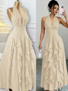 Women’s Red Boho Maxi Dress, Multi-Layered Ruffled Bow, V-Neck, Spring/Summer Casual & Party