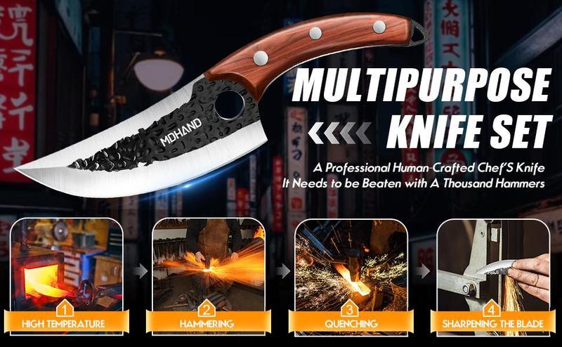 4 Piece Serbian Chef Knife Set with Gift Box, Butcher Knife Set, Hand Forged Kitchen Knife Set Meat Cleaver Boning Knife Viking Knife with Sheaths for Home Cooking Camping Outdoor BBQ