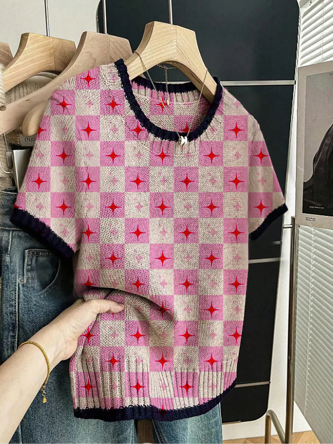 Geometric Plaid Colorblock Print Round Neck Sweater, Casual Short Sleeve Knitwear for Spring Summer Fall, Comfortable Warm Women's Clothing Womenswear