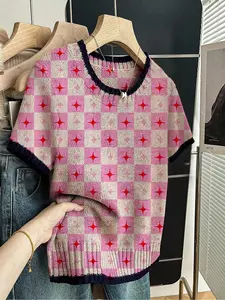 Geometric Plaid Colorblock Print Round Neck Sweater, Casual Short Sleeve Knitwear for Spring Summer Fall, Comfortable Warm Women's Clothing