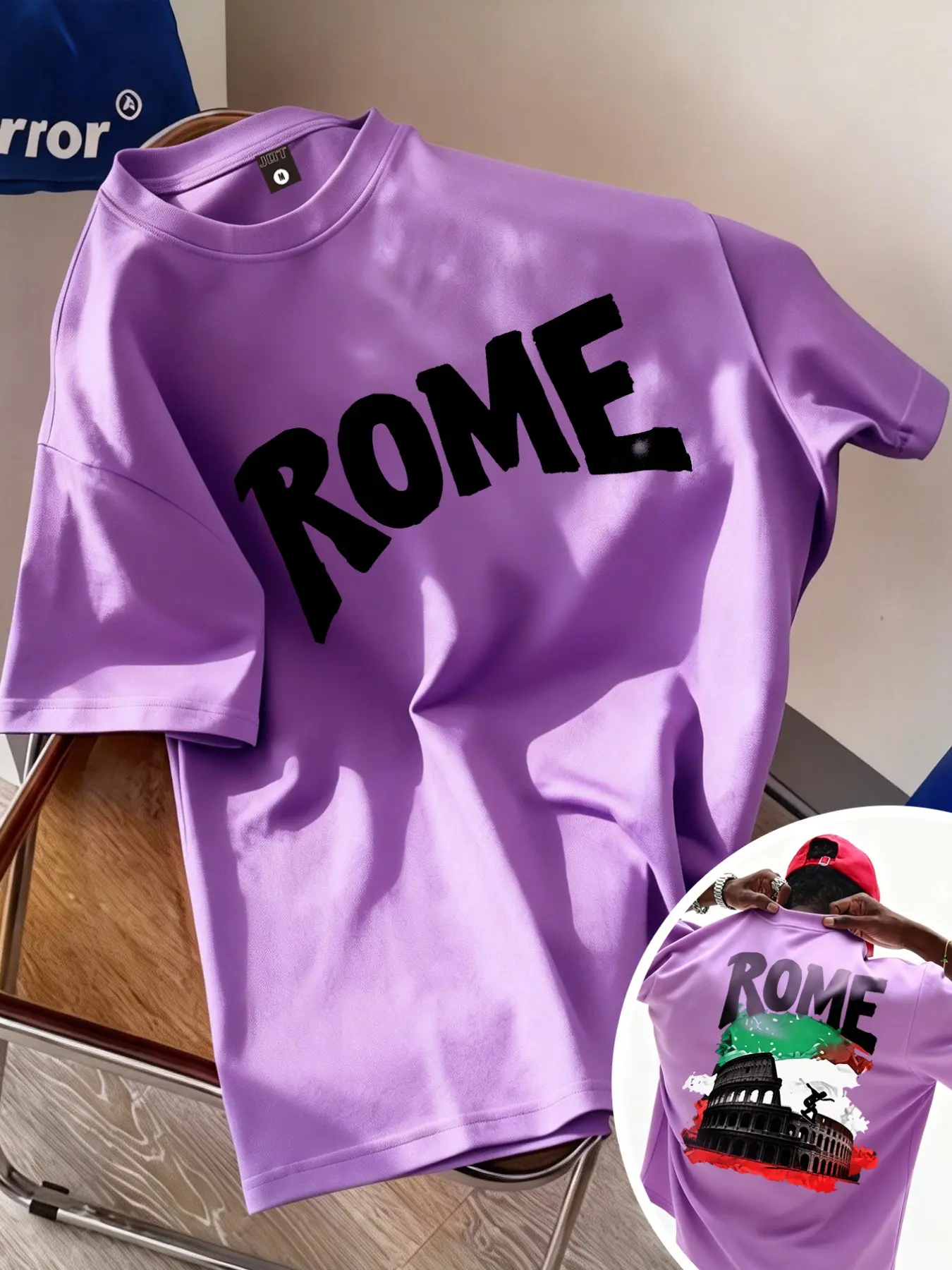 Rome Vintage City Logo Printed Short Sleeve T-Shirt, Casual Loose Fit Round Neck, Long Clothing, Random Print, Daily Wear
