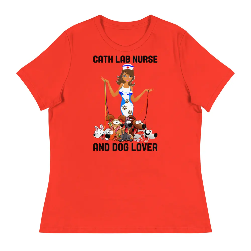 Women's Relaxed T-Shirt Casual Cotton Crewneck Athletic Fit Lilac Design Cath Lab Nurse & Dog Lover Top
