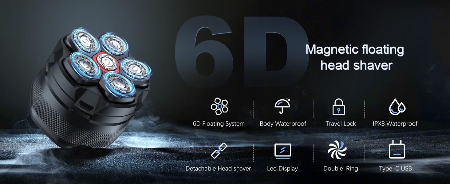 6D Electric Head Shaver for Bald Men, Waterproof Wet & Dry Rotary Razor with Magnetic Flex Heads and USB-C Charging, Cordless Skull Shaver, Black