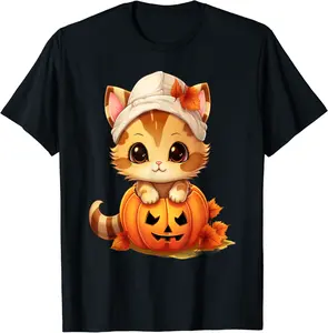 Fall Autumn season lazy Halloween costume kawaii pumpkin cat T-Shirt - Janessaho Shop 23B0CHV48J55