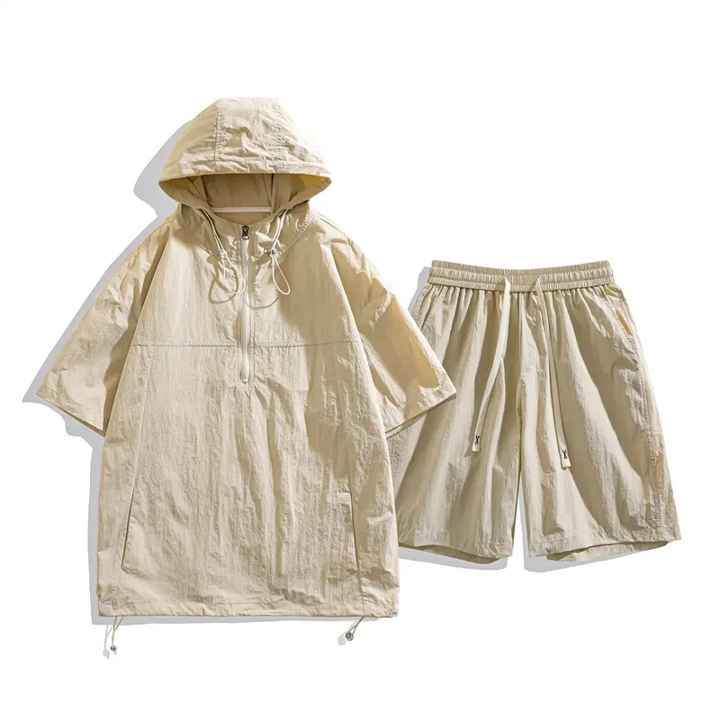 Men's Two Piece Outfit Half Zip Hooded Short Sleeve Top And Elastic Drawstring Waist Knee Length Shorts Set Side Pockets Hem Adjustable Drawstring Loose Fit Tracksuit For City Walks Weekend Hangouts And Outdoor Activities Solid Color