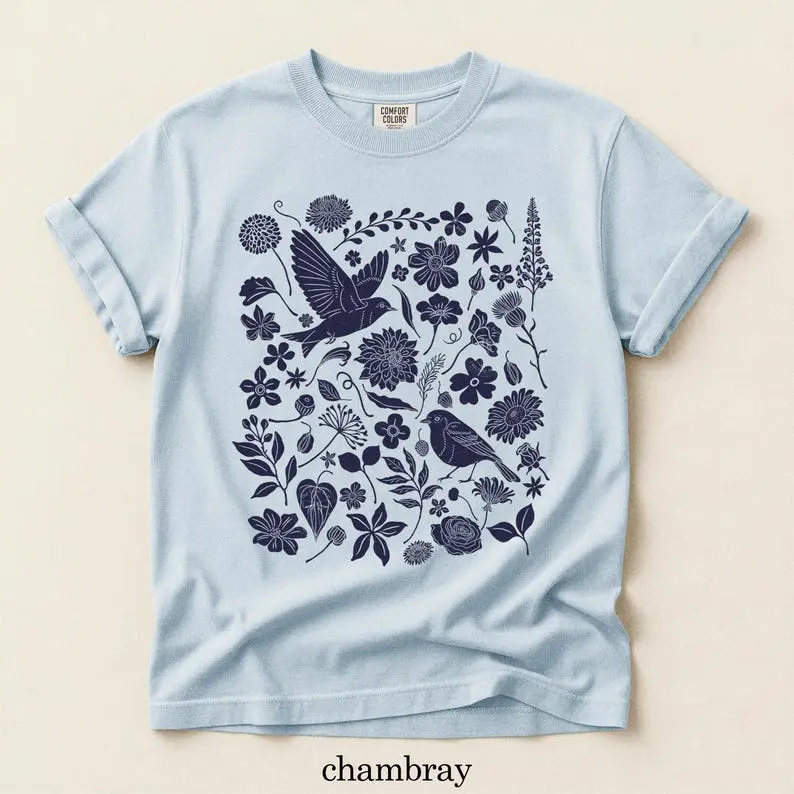 Linocut Birds & Flowers Shirt: Comfort Colors Cotton Cottagecore Garden Tshirt