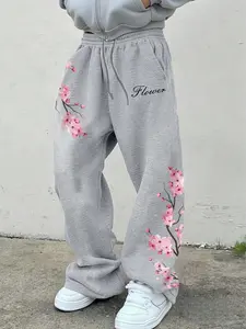 Y2K Street Style Casual Summer Sakura Floral Flower Print Pants, Loose-Fitting Wide Leg Adjustable Drawstring Long Pants, Unisex Fashion for Streetwear, Bottom